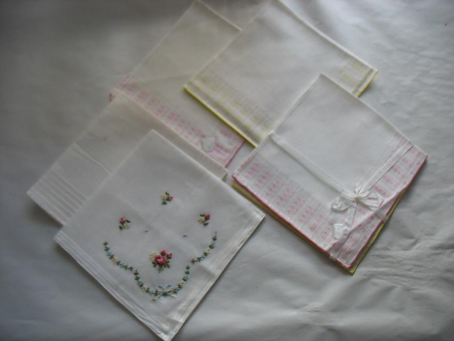 6 Vtg NOS hanky embroidered Handkerchief Drawn work Swiss STOFFELS original box