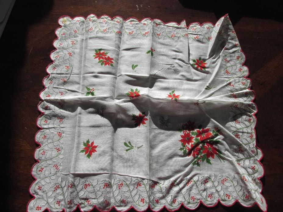 Vintage NIB Christmas Poinsettia Holly berryHanky Handkerchief doily