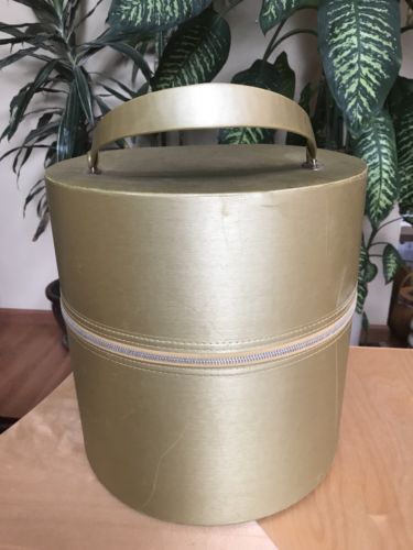 Vintage Gold Hat Box Tote Luggage Large Vinyl Zipper 13