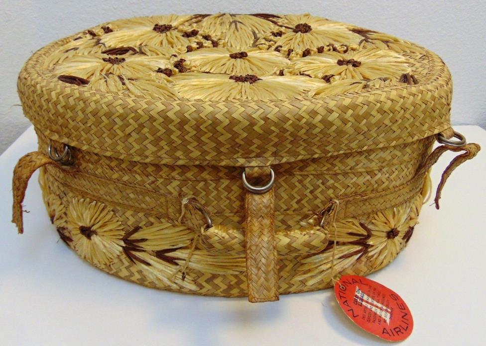 Vintage Round Wicker Straw Flower Hat Box With Lid w/Collectible Baggage Tag