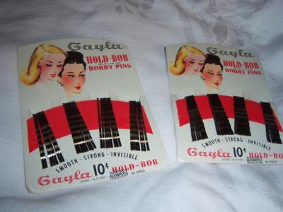2 Vintage 1947 Cards of 30 Gayla Hold-Bob Bobby Pins 60 Hair Pins UNUSED NOS