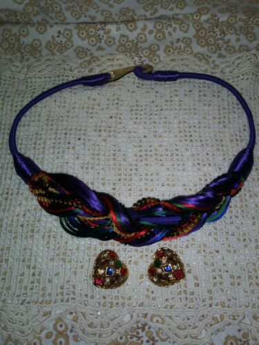 Vintage sequin Braided Latch Hook Party Mardi Gras stretch Belt Matching earring