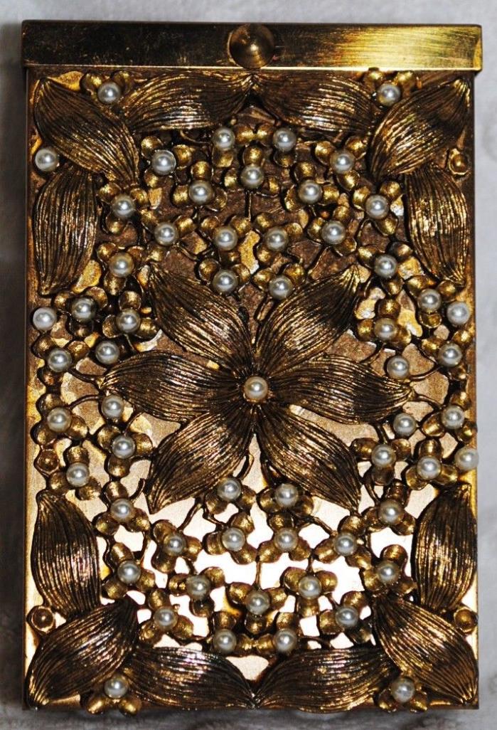1960's Gold Tone Flip Top Cigarette Case Vintage  w/ Floral Design & Faux Pearls