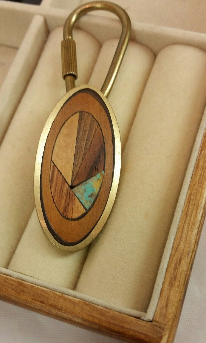 Vintage Sky West key chain Wooden Inlay Brass Turquoise Art Oval Unique Nice