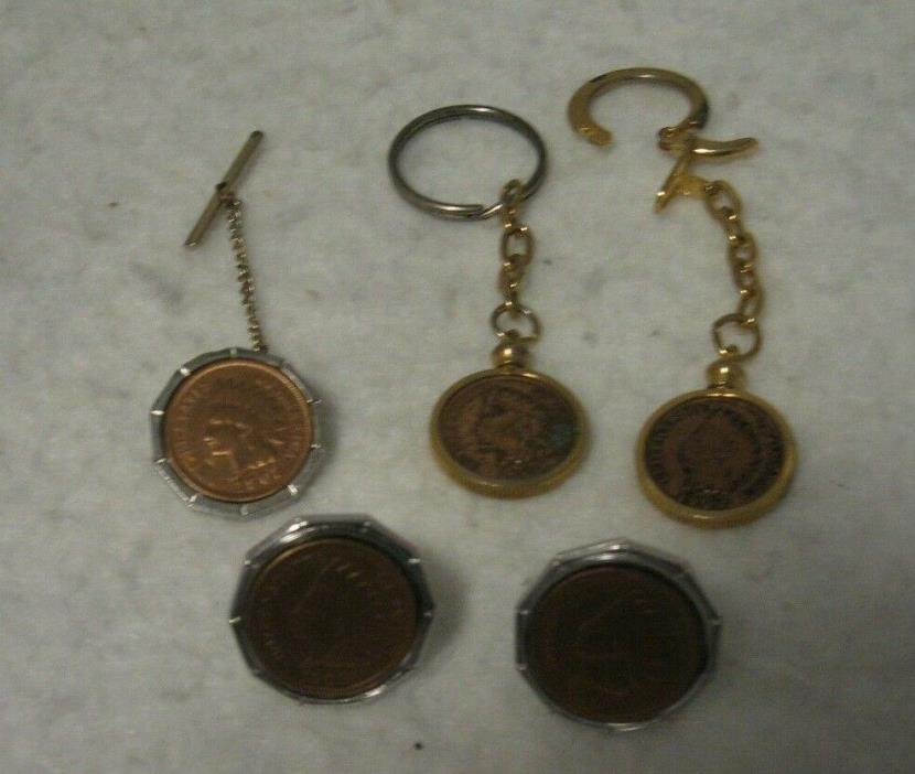Indian Head Penny Cufflinks, Tie Pin, 2 Key Chain Rings, 1902, 03, 06, 08 Cents