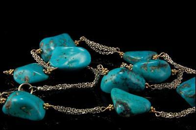14K WHITE YELLOW GOLD BLUE TURQUOISE BEADS NECKLACE SIGNED A801-1405