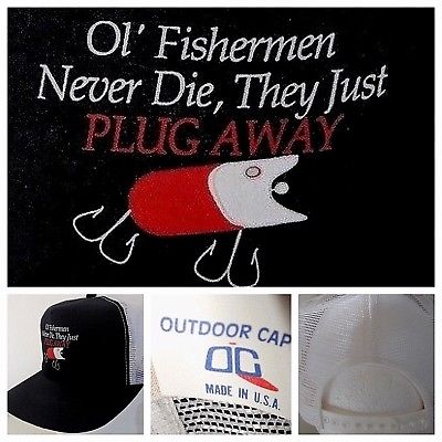 Vtg Fishng Trucker Mesh Shapback Hat Bait Ol' Fishermen Never Die Made in USA