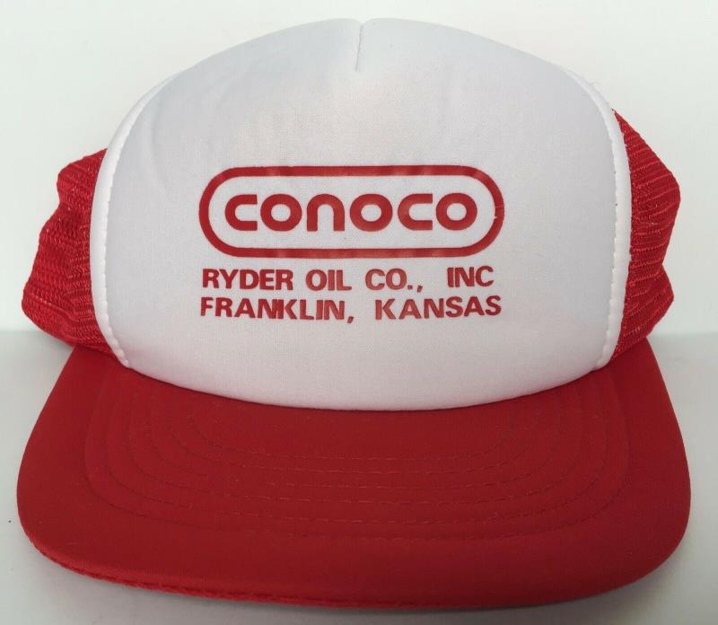 Vintage CONOCO Snapback Hat Red Mesh Trucker Ryder Oil Franklin KS Gas Station