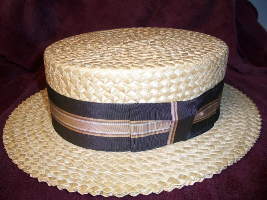 1930s - 0s? Vintage Mens Stevens Straw Skimmer Boater Hat  7 3/8