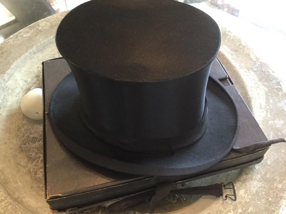 Antique vintage Germany top hat collapsible black silk label ges gesch in box