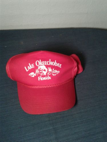 Vintage Red Snapback Hat Lake Okeechobee Florida Mesh Trucker Cap (hb4)