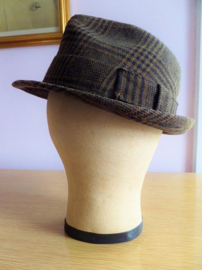 Vintage Fedora Hat Plaid Wool Size 7.25 Trilby Brown Black Rosollino 1960s 1970s