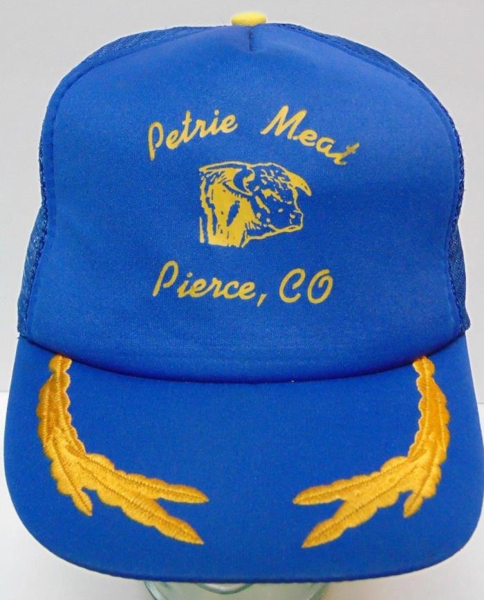 Vtg 1980s PETRIE MEAT PIERCE COLORADO COW CATTLE ANGUS BEEF SNAPBACK TRUCKER HAT