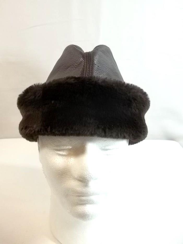 Mens Vintage Winter Hat Leather Faux Fur Trim Small Brown Ear Flaps