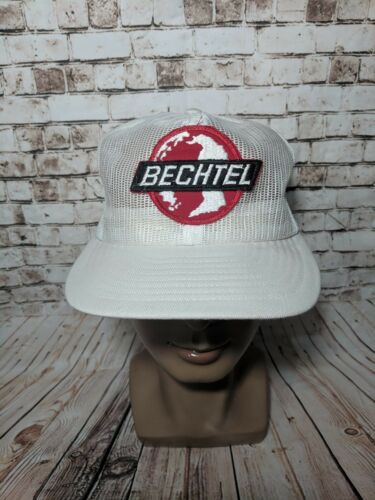 Vintage BECHTEL 80s White Trucker Hat Cap Snapback USA Louisville MFG CO Patch