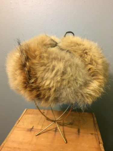 Vtg Fur Leather Trapper Cossack Hat Finland Winter Ear Flaps Cap Russian Style
