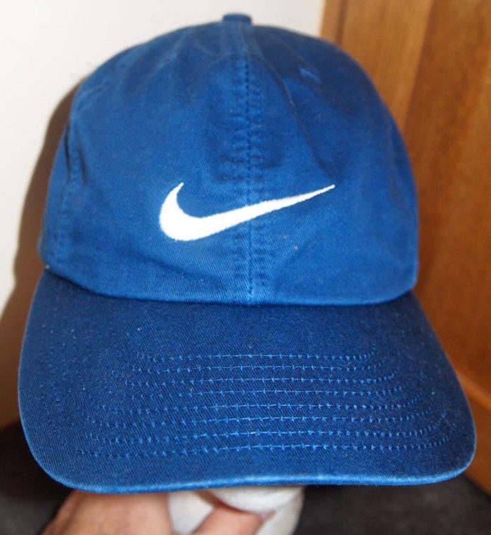 VTG Rare 90s NIKE Baseball Hat Strapback Cap Indigo Blue Cotton White Swoosh