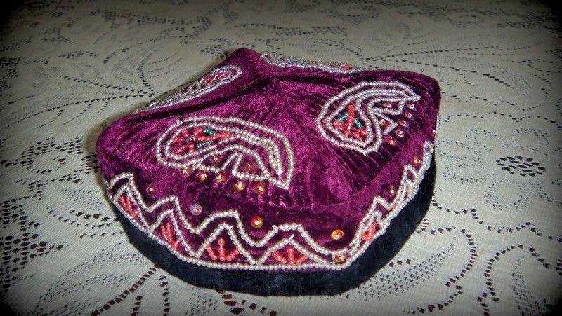 ANTIQUE UZBEK PURPLE VELVET HAT SKULL CAP w BEADS EMBROIDERY