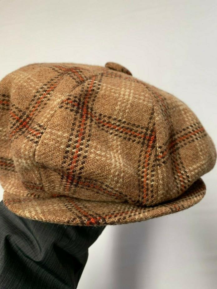 Mens STETSON Brown Vintage Plaid Wool Paperboy Newsboy Cabbie Hat Sz 71/4