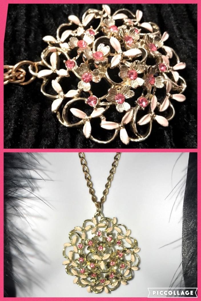 Sarah Conventry Large Pendant Pink Gold Chain Snowflake Flower Stone Vintage 70s