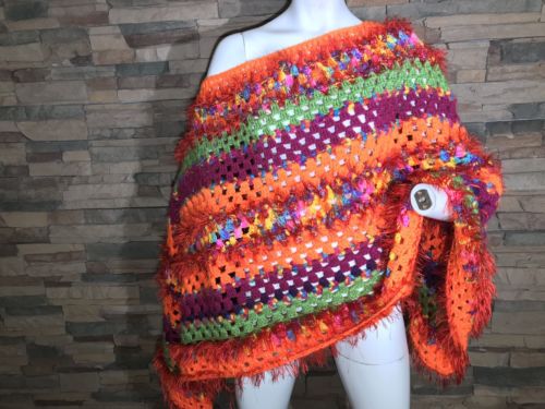Vintage Poncho Shawl Crochet Knit Retro MOD Rainbow Oversized Colorful O/S
