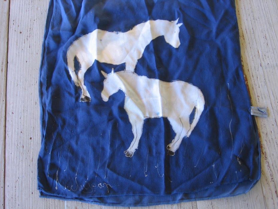 Vintage Women's 100% Silk Scarf Hand painted Horses Royal Blue Hand Rolled Hem