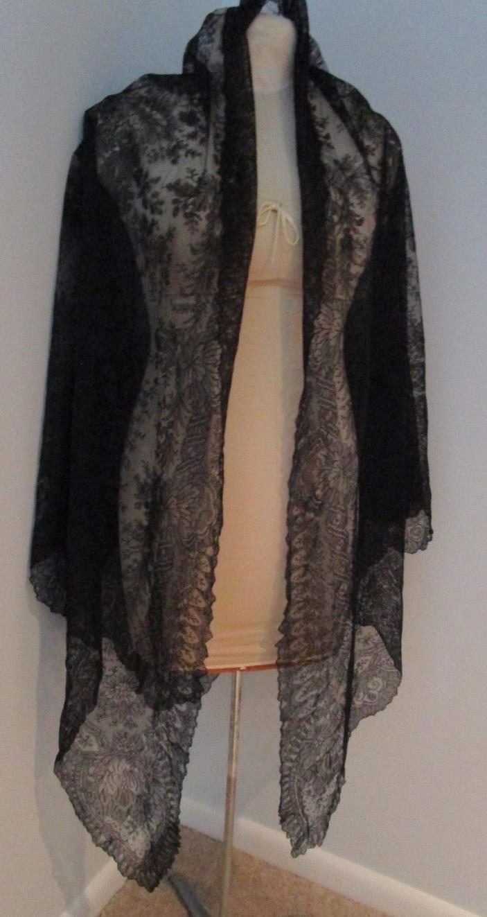 Large Antique Victorian Black Chantilly Lace Shawl, Cape