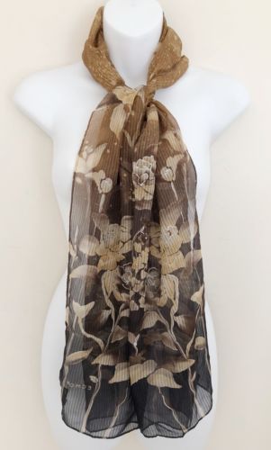 ECHO Womens 100% Silk Scarf Rectangle Long Brown Beige Tan Floral EUC