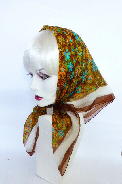 1960s MOD Flower Power Scarf brown turquoise orange olive Daisys Groovy!
