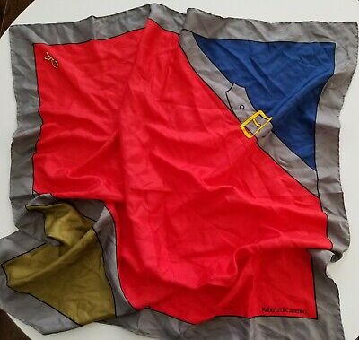 Vtg Roberta di Camerino Large Scarf 100% Silk Red Blue Gray Belt Buckle Print