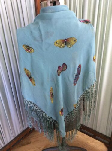 Celadon Rayon Chiffon Butterfly Sequined Fringed Shawl