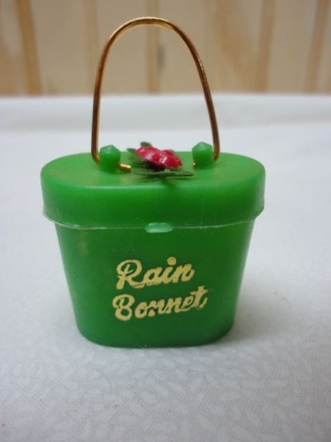 Vintage New Old Stock Green Purse Size Rain Hat,  White Bonnet - Insides Intact