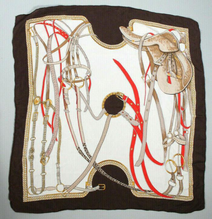 Vintage silk scarf brown chain belt print saddle bridle hand rolled 30