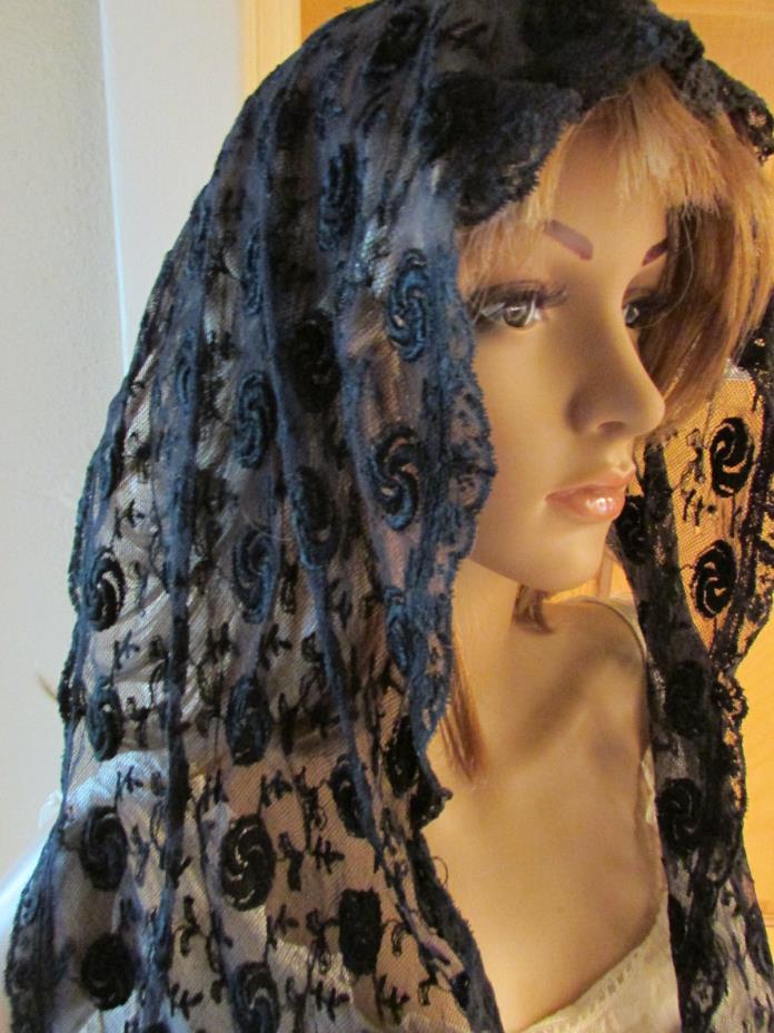 Vintage / Antique Black Lace Mantilla Head Cover Mourning Church Scarf