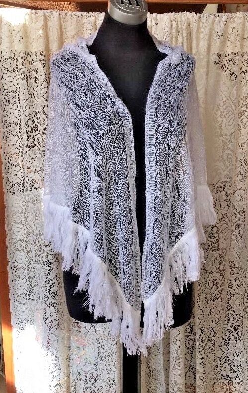 Beautiful White Lacy Fringed Vintage Shawl by  
