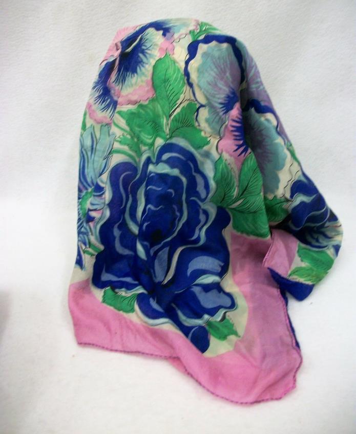 Vintage Hand Screened Pure Silk Ladies Scarf - Blue Roses