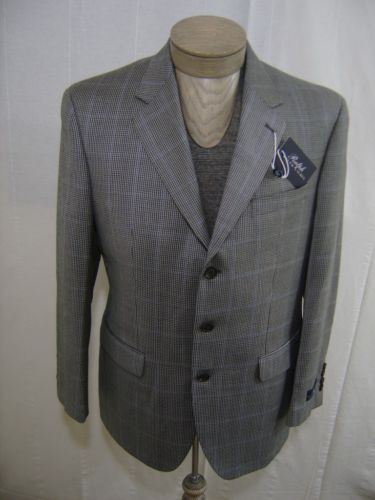 Ralph Lauren Mens Wool Cashmere Silk Coat Jacket Suit Grey Black Houndstooth 40L