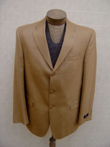 Austin Reed Mens Wool Silk Sport Coat Blazer Jacket Tan Plaid Made USA 42L $350