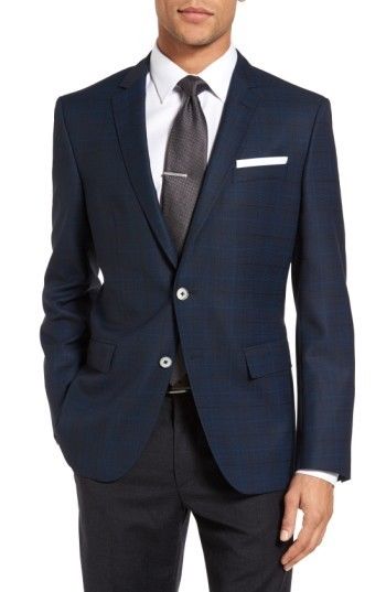 Men's Hugo Boss Hutsons Trim Fit Plaid Wool Sport Coat, Size 38 R - Blue