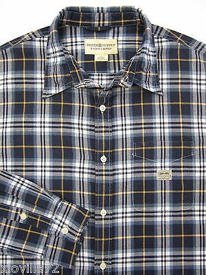 Men Ralph Lauren DENIM & SUPPLY Oxford Blue Plaid Button Sport Shirt Long Sleeve
