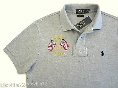 Mens Ralph Lauren CUSTOM FIT Crossed USA Flags Rugby Polo Shirt Gray Mesh Cotton