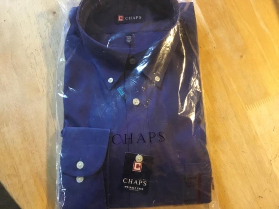 CHAPS Mens 17-17 1/2  34/35 Classic Fit Blue L/S Button Up Wrinkle Free