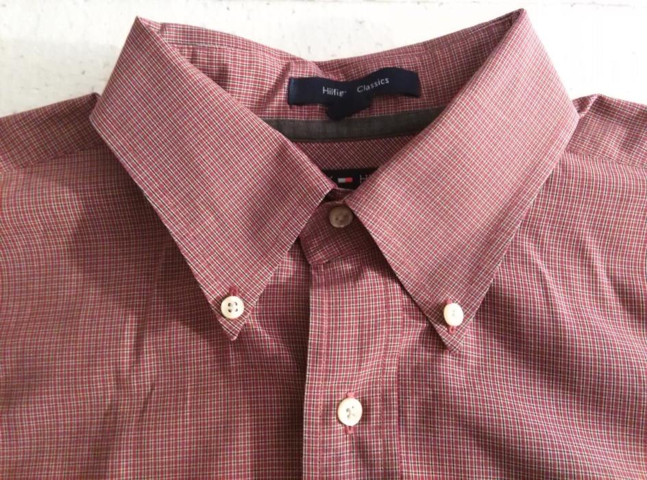 Tommy Hilfiger Classic Mens Button Down Dress Shirt Red Striped Size XL 17 36-37