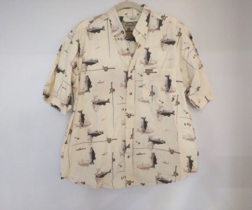 Outdoor Life Men’s Grey Fish Bait Lures Pole Prints Almond Aloha Hawaiian Shirt