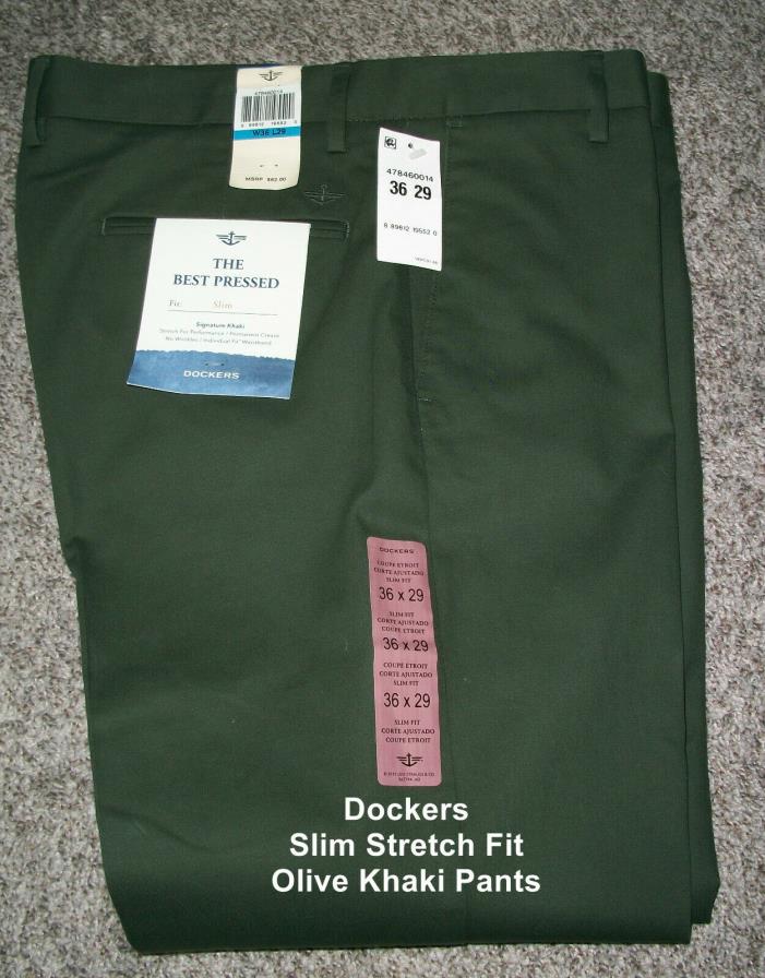 DOCKERS Slim Fit Plain Front Best Pressed Olive Khaki Pants NWT 36x29 $62