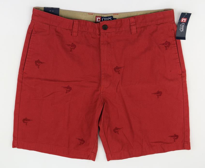 NWT CHAPS Men's Red 100% Cotton Flat Front Swordfish Print Shorts ~ Sz 38