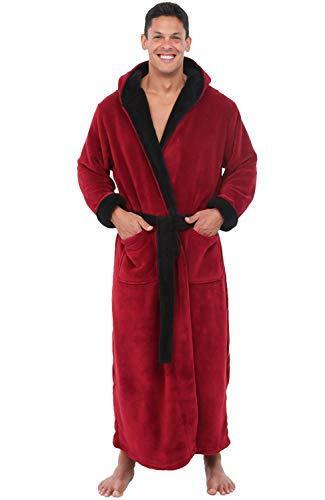 Men's Hooded Fleece Bathrobe Burgundy 1XL 2XL Full Length Spa Robe Contrast Trim