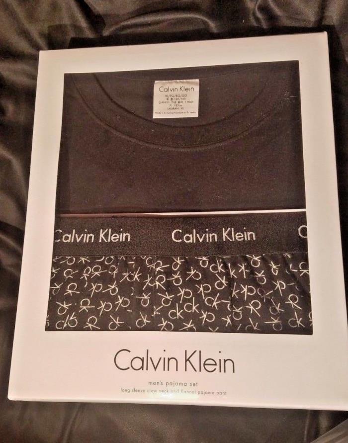Calvin Klein Pajamas XL 100% Cotton Black Long Sleeve & CK Logo Print Pants PJs