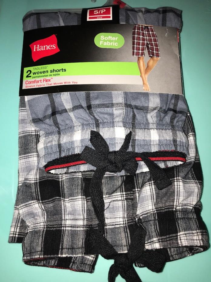 New!  Men's Size S 2 Pair of Woven Lounge Sleep Shorts Blue Plaid Hanes Pockets