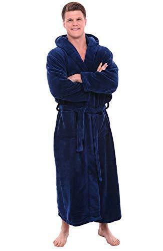 Men's Hooded Navy Blue Bathrobe Fleece Small Medium Full Length Spa Robe Micro